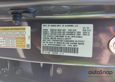 2021 Honda Pilot Awd Ex-L из США, поврежденный, VIN 5FNYF6H59MB011123